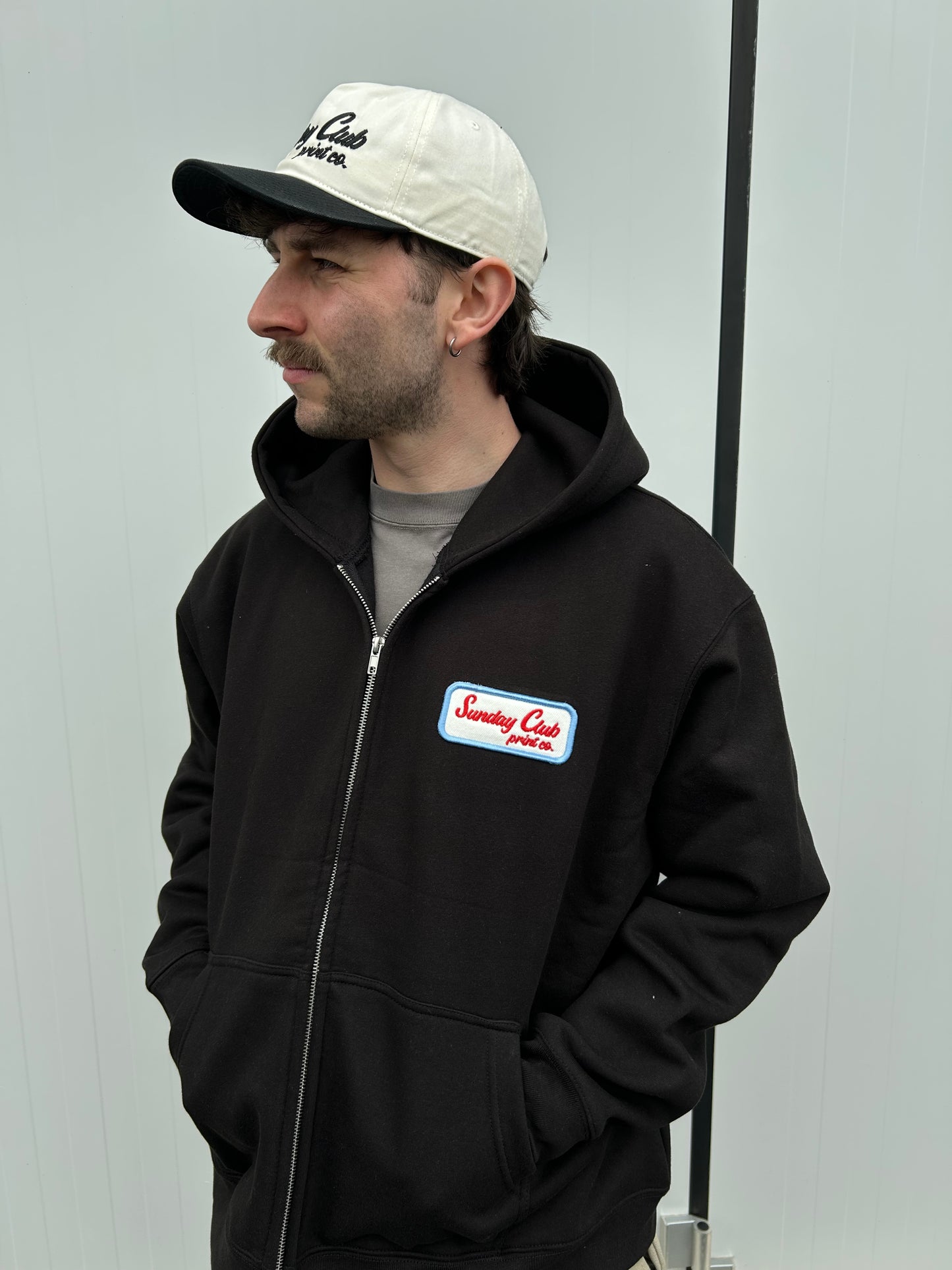 Embroidered Patch Zip Up Heavy Boxy Hood / Black