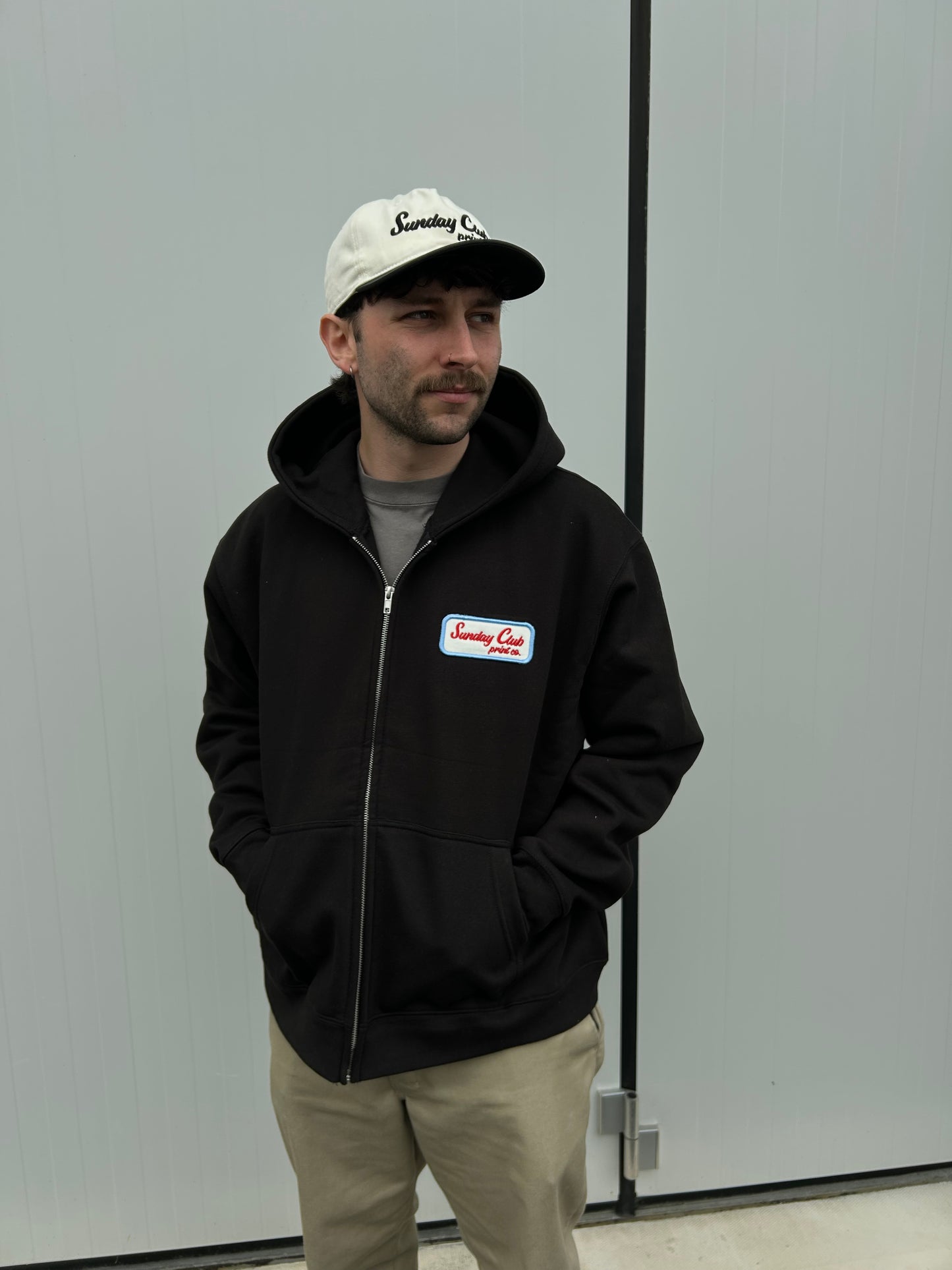 Embroidered Patch Zip Up Heavy Boxy Hood / Black