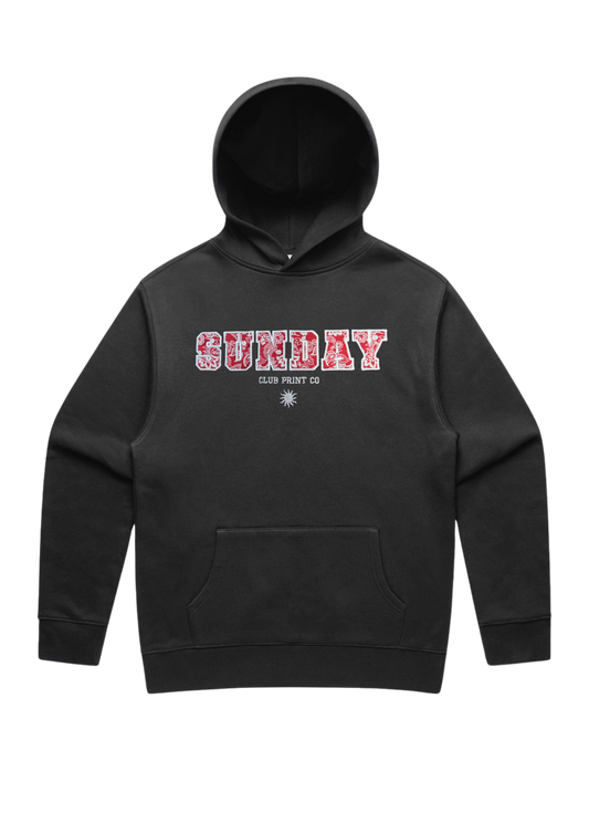 Sunday Club Embroidered Varsity Hoodie in Faded Black.