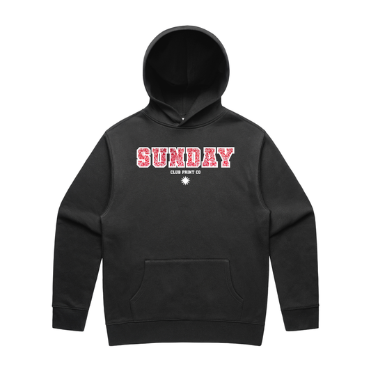 Sunday Club Embroidered Varsity Hoodie in Faded Black.